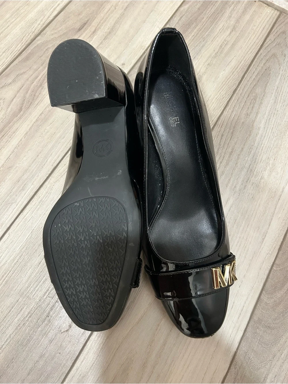 Michael Kors Black Patent Leather Heeled Loafers with Gold MK Accent